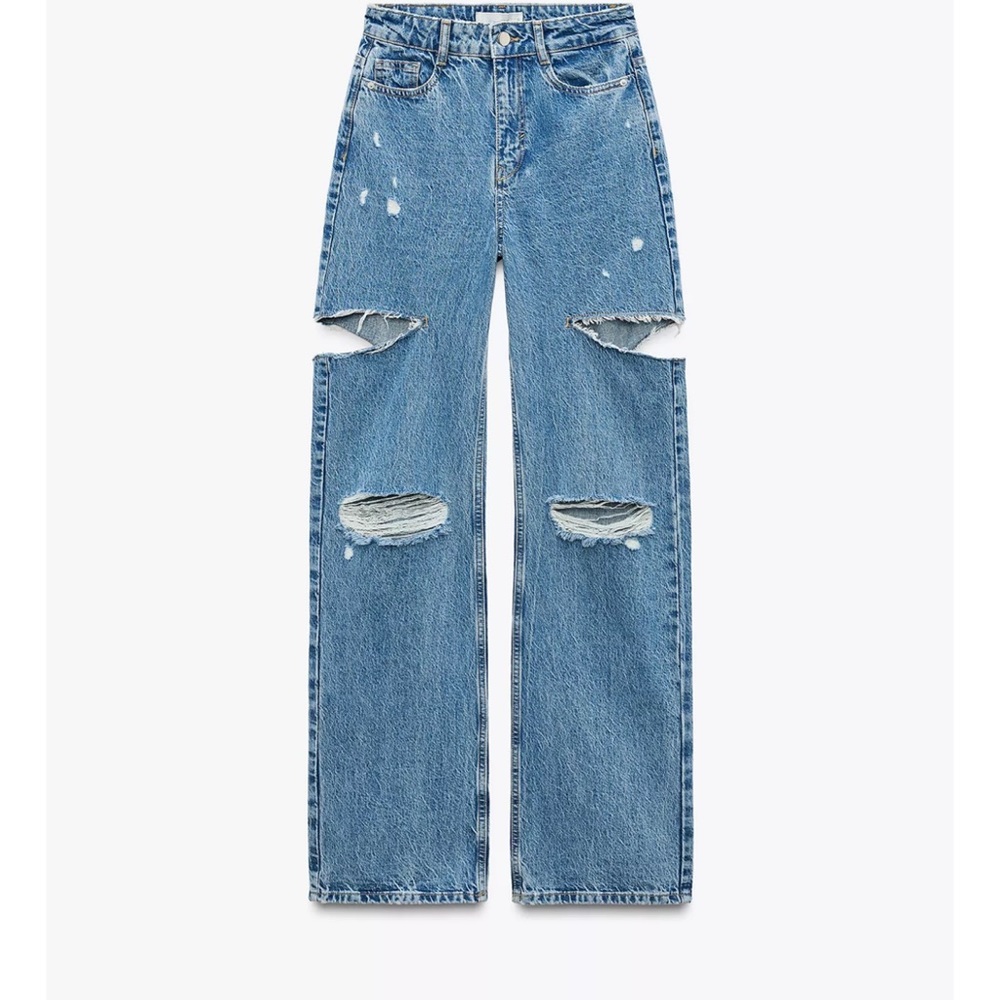 Zara high waisted straight leg Distressed Blue Jeans